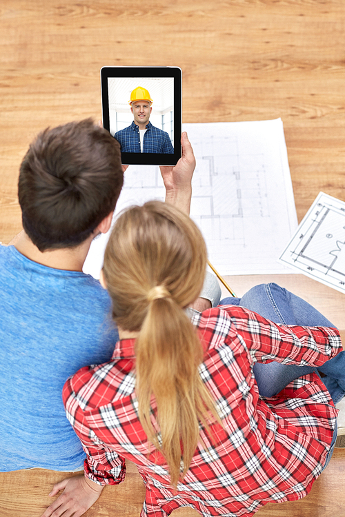 repair, building and technology concept - close up of couple with blueprints having video call with builder or foreman on tablet pc computer at home
