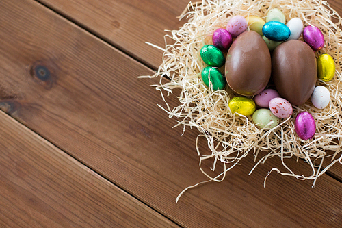 easter, confectionery and holidays concept - chocolate eggs and candies in straw nest on wooden background