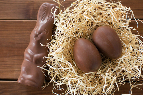 ., confectionery and holidays concept - close up of chocolate bunny and eggs in straw nest on wooden background