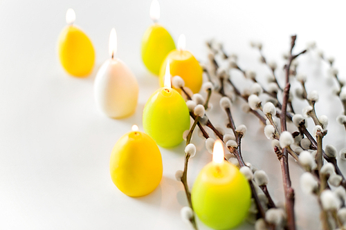 holidays and object concept - pussy willow branches and easter egg candles on white background