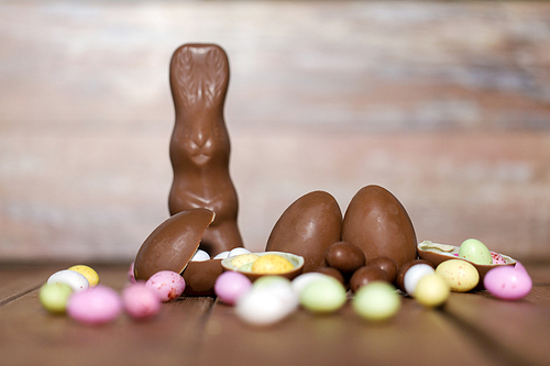 easter, sweets and confectionery concept - chocolate eggs, bunny and candy drops on wooden table