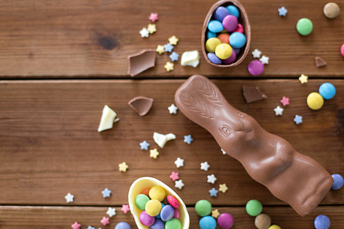 easter, sweets and confectionery concept - chocolate eggs, bunny and candy drops on wooden background