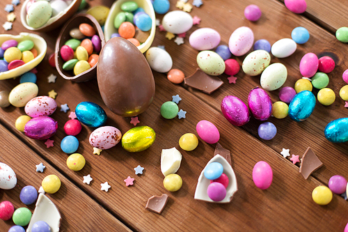 easter, sweets and confectionery concept - close up of chocolate eggs and candy drops on wooden table