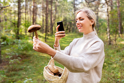 technology, people and leisure people concept - young woman with smartphone using app to identify mushroom in forest