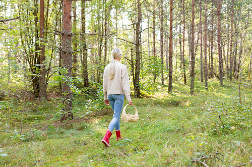 season, nature and leisure concept - young woman with mushrooms in basket walking along autumn forest