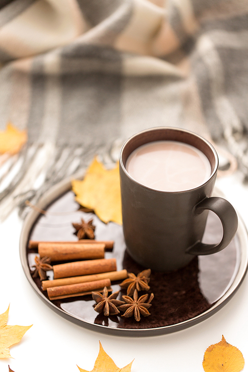 drinks and season concept - cup of hot chocolate, autumn leaves and warm blanket on white background