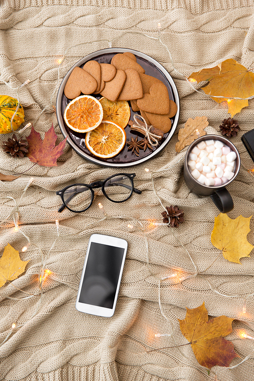 technology and season concept - smartphone, autumn leaves, hot chocolate, gingerbread cookies and glasses with garland lights on warm knitted blanket