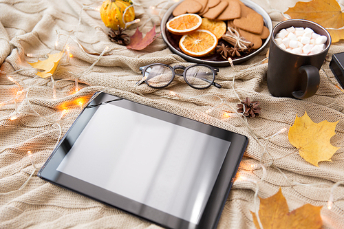 technology and season concept - tablet computer, autumn leaves, hot chocolate, gingerbread cookies and glasses with garland lights on warm knitted blanket