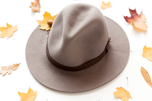 season, headwear and clothes concept - hat and fallen autumn leaves on white background