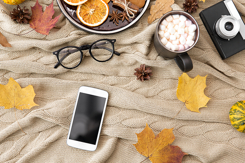 technology and season concept - smartphone, autumn leaves, glasses, cup of hot chocolate drink with marshmallows and film camera on warm knitted blanket