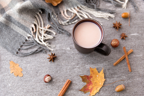 drinks and season concept - cup of hot chocolate, cinnamon, autumn leaves and warm blanket on grey background