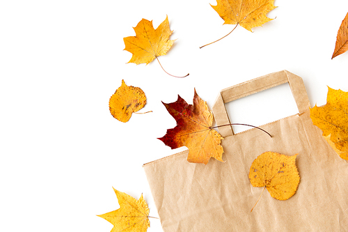 shopping and mid season sale concept - autumn leaves and paper bag on white background