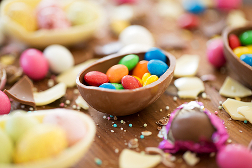 easter, junk-food, confectionery and unhealthy eating concept - close up of chocolate eggs and candy drops on table