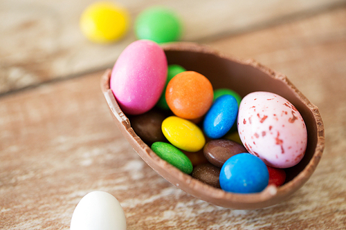 easter, junk-food, confectionery and unhealthy eating concept - close up of chocolate egg and candy drops on table