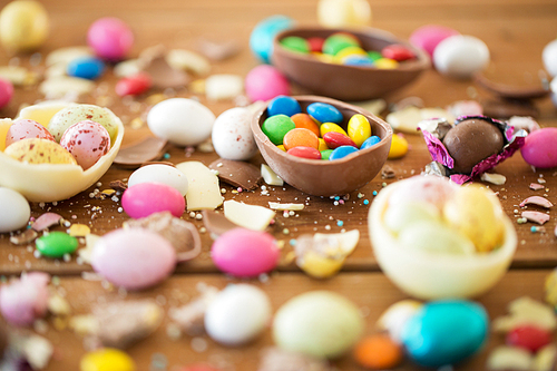 easter, junk-food, confectionery and unhealthy eating concept - close up of chocolate eggs and candy drops on table