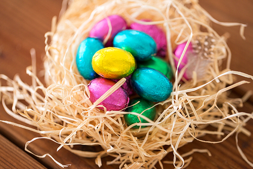 easter, confectionery and holidays concept - chocolate eggs in straw nest on wooden table