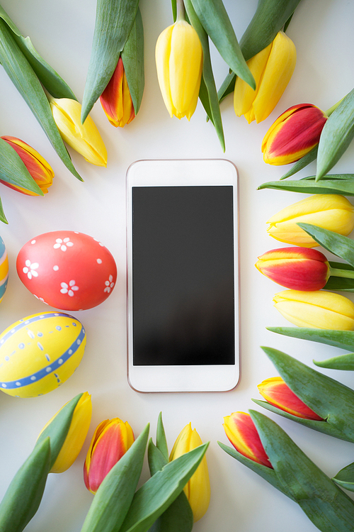 easter, holidays, tradition and object concept - smartphone with colored eggs and tulip flowers on white background