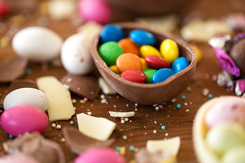 easter, sweets and confectionery concept - close up of chocolate egg and candy drops on wooden table