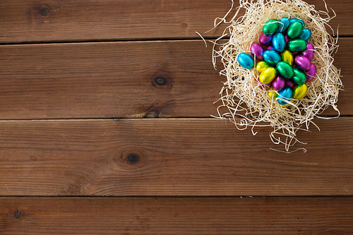 easter, confectionery and holidays concept - chocolate eggs in foil wrappers in straw nest on wooden background