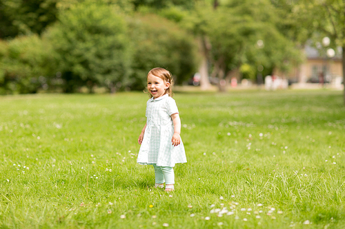 childhood, leisure and people concept - happy little baby girl at park in summer