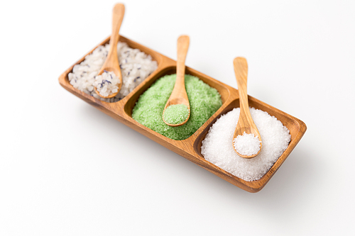 beauty, bath and wellness concept - 씨솔트 and spoon on wooden tray