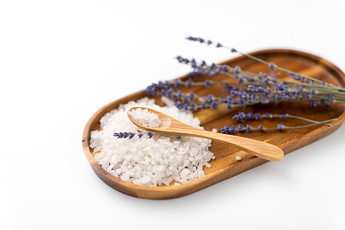 beauty and wellness concept - 씨솔트 heap, lavender and spoon on wooden tray