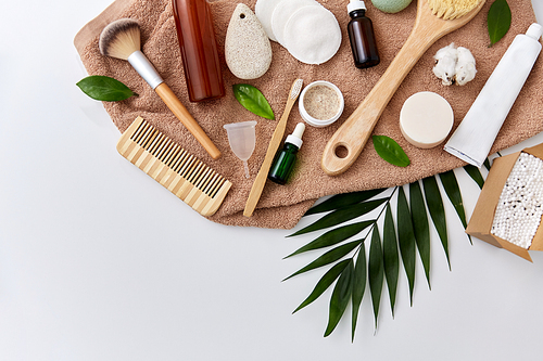 beauty, sustainability and eco living concept - natural cosmetics and bodycare eco products on white background