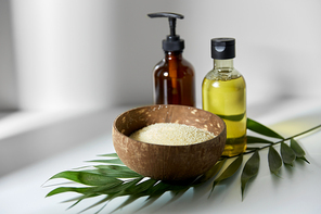 natural cosmetics, sustainability and eco living concept - sea salt in bowl, liquid soap or shower gel, massage oil and palm leaf on white background