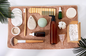 beauty, sustainability and eco living concept - natural cosmetics and bodycare eco products on white background