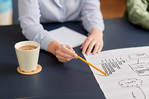 business, strategy and planning concept - close up of hands with scheme, pencil and cup of coffee at office