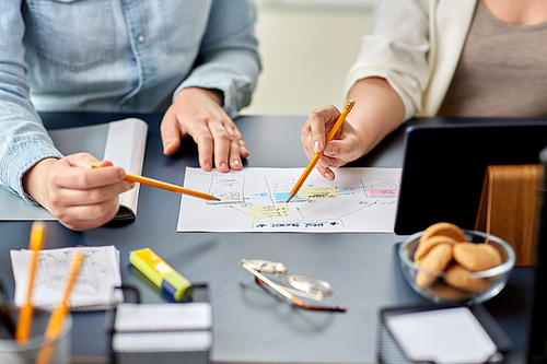 business, people and team work concept - close up of team of startuppers with gadgets and papers working at office table