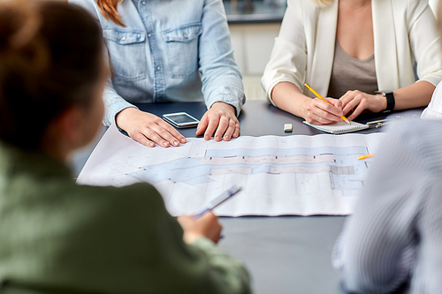 construction business, architecture and team work concept - close up of architects with blueprint, gadgets and papers working at office table