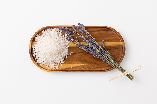 beauty and wellness concept - 씨솔트 heap and lavender on wooden tray