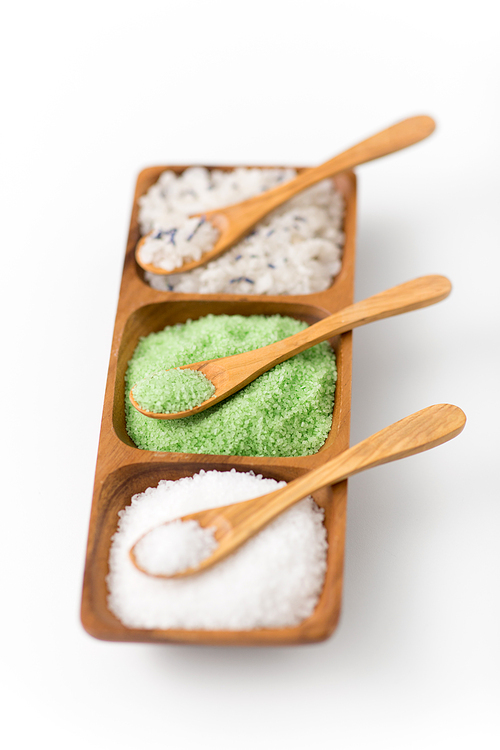 beauty, bath and wellness concept - 씨솔트 and spoon on wooden tray
