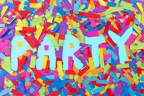 lettering, celebration and decoration concept - word party made of colorful confetti on blue background