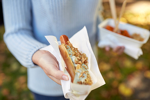 fast food, people and unhealthy eating concept - close up of hand with hot dog