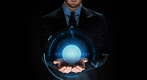 business, virtual reality, people and future technology concept - close up of businessman in suit with projection