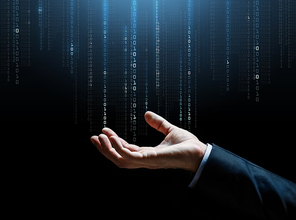 business, technology, cyberspace and people concept - close up of businessman hand with binary code projection over dark background