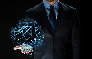 business, virtual reality, network, people and future technology concept - close up of businessman in suit with low poly projection