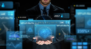 business, virtual reality, people and future technology concept - close up of businessman with screens projection over dark background