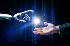 artificial intelligence, future technology and business concept - robot and human hand with flash light and binary code over  background
