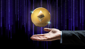 cryptocurrency, financial technology and business concept - businessman hand with golden ethereum coin over ultra violet binary code on black background