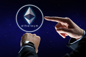 business, cryptocurrency and future technology concept - close up of businessman hands with smart watch and ethereum hologram over ultra violet space background