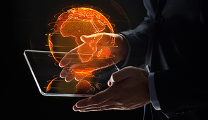 business, globalization and future technology concept - close up of businessman hands with transparent tablet pc computer and earth hologram over black