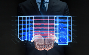 architecture, technology and construction concept - close up of businessman with virtual building blueprint projection