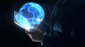 business, globalization and future technology concept - close up of businessman hands with transparent tablet pc computer and earth hologram over black
