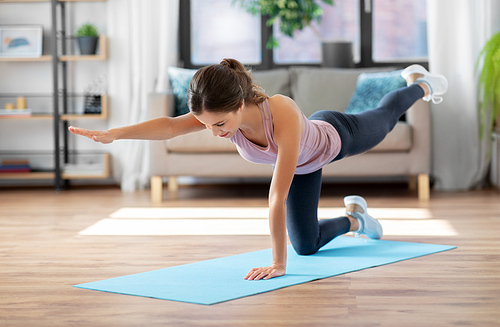 sport, fitness and exercising concept - happy young woman doing elbow knee crunches at home