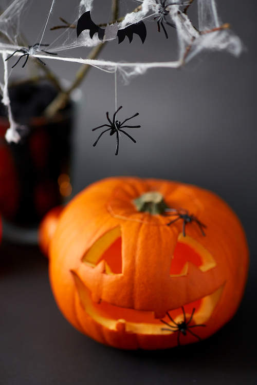 halloween and holiday decorations concept - jack-o-lantern or carved pumpkin and spiders on spiderweb