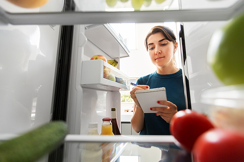healthy eating and diet concept - woman opening fridge and making list of necessary food at home kitchen