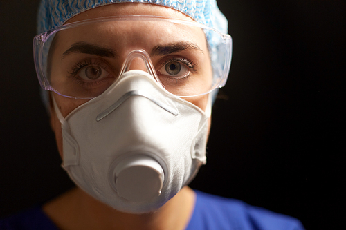 medicine, health and pandemic concept - close up of young female doctor or nurse wearing goggles, hat and face protective mask or respirator for protection from virus disease over black background